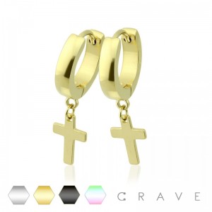 PAIR OF STAINLESS STEEL DOME FACE HUGGIE/HOOP EARRINGS WITH CROSS DANGLE